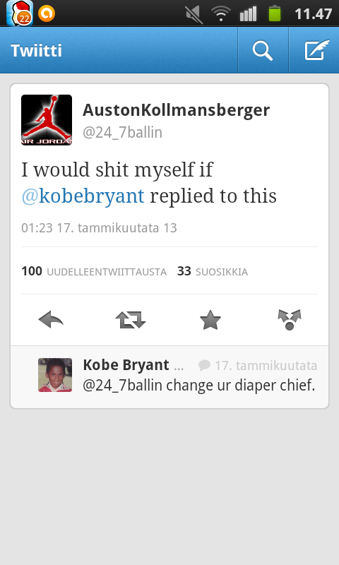 Kobe Bryant trolling on Twitter (It's on Finnish language) - meme